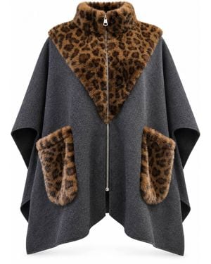 James Lakeland Leopard Faux Fur Trim Cape - Black