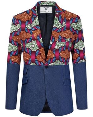 Ohema Ohene Denim & African Print Cotton Blazer – Split Panel - Blue