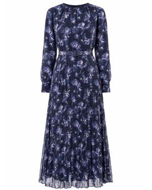 John Abgin Chiffon Floral Textured Pleated Maxi Dress - Blue