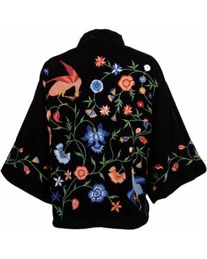 Artemis Muse Regal Floral & Bird Embroidery Velvet Luxury Kimono - Black