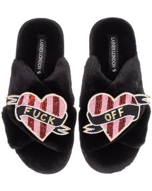 Laines London Classic Laines Slippers With & Stripe Heart Fuck Off Brooches - Black