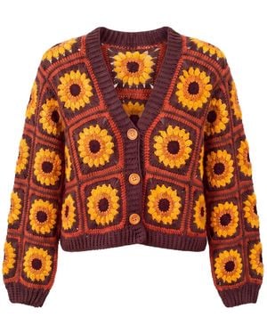 Ana Chic Chocolate Sunflower Granny Square Handmade Crochet Cropped Cardigan - Orange