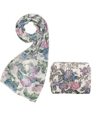 Fable England Neutrals Hydrangea Lightweight Scarf & Hydrangea Large Quilted Makeup Bag Set - Blue
