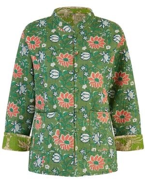 Yumi' Floral Print Reversible Cotton Quilted Jacket - Green