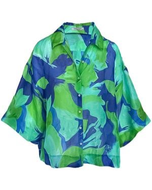Haris Cotton Loose Fit Printed Linen Blend Shirt Lagoon - Green