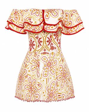 AMAANALUX Off Shoulder Ruffle Broderie Anglais Mini Dress - Metallic