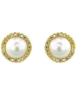 VicStoneNYC Fine Jewelry Natural Akoya Pearl And Diamond Stud Earrings With Screw Back - Metallic
