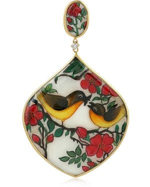Artisan 18K Mother Of Pearl, Diamond & Enamel Lovebirds Drop Pendant - Green