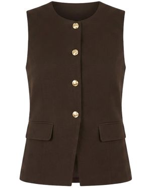 Yumi' Long Line Button Waistcoat Top - Brown
