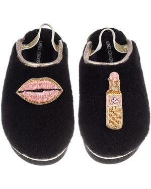 Laines London Flatform Cloud Closed Toe Slippers With Lips & Lipstick Brooches - Black