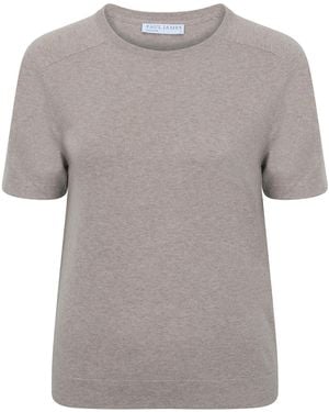 Paul James Knitwear Neutrals Ultra Fine Cotton Cassie Saddle Shoulder Knitted T-Shirt - Grey