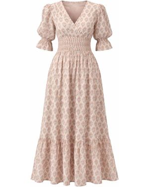 House of Gl Neutrals Lilienne Hand-Block Printed Smocked Midi Dress - Pink