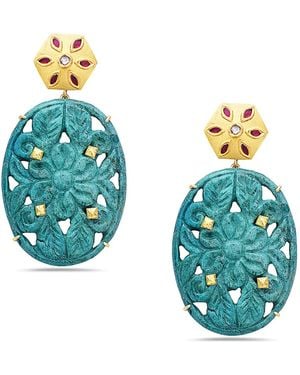 Artisan Carved & Ruby Gemstone Bezel Diamond Dangle Earrings - Blue