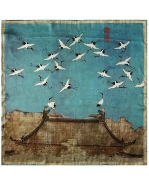 Soft Strokes Silk Pure Silk Scarf Ink & Colour By Zhao Ji Auspicious Crane Long - Green