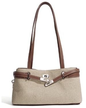 Prenelove New: Rundle Genuine Leather & Linen Handbag - Natural