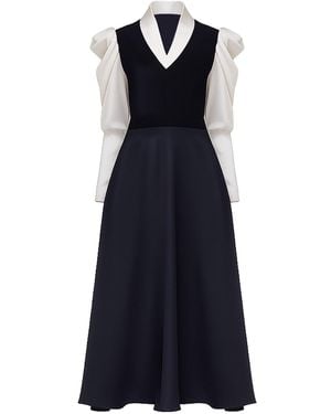 Julia Allert Elegant Satin V-Neck Long Sleeve Midi Dress – - Blue