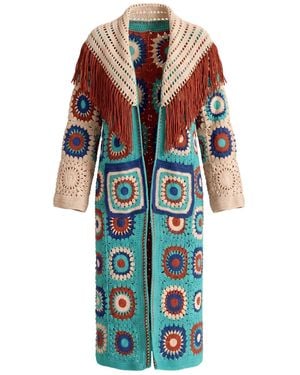 Ana Chic Fringed Handmade Crochet Maxi Cardigan - Blue