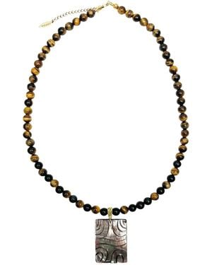 Farra Tiger Eye With Shell Pendant Necklace - Metallic
