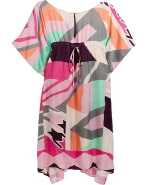 Saachi Multicoloured Geo Tie Waist Keyhole Kaftan - Pink
