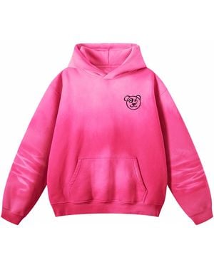 X Ilona Blue Graffiti Teddy Bear Sun Fade Wash Cotton Fleece Fuchsia Hoodie - Pink