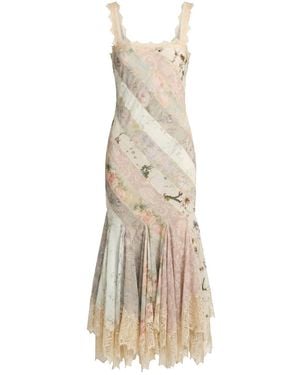 Mac Duggal Floral Chiffon Midi Dress With Lace Trim - Natural