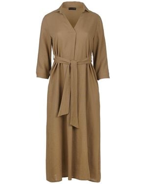Conquista Neutrals Linen Style Midi Dress With Belt - Natural