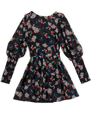 Louche Daphne Carpathian Florals Print Shirred Cuff Tie Waist Mini Dress - Black