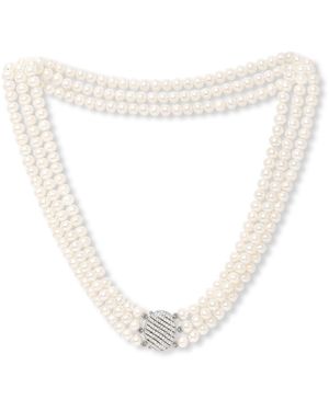 Pearls of the Orient Online Stella Triple Strand Cultured Freshwater Pearl Necklace With Vintage Style Oval Pave - White