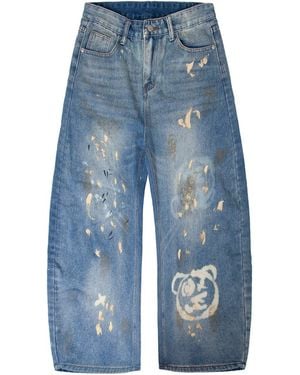 X Ilona Blue Graffiti Bear Custom Denim Barrel Jeans - Blue