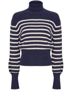 Guinea London Cream Lurex Stripe Cashmere Roll Neck Jumper - Blue