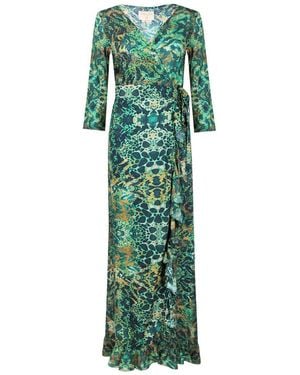 Sophia Alexia Emerald Leopard Maxi Ruffle Wrap Dress - Green