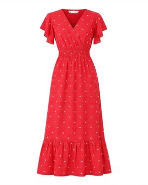 Yumi' Broderie Anglaise Wrap Midi Dress With Flower Embroidery - Red