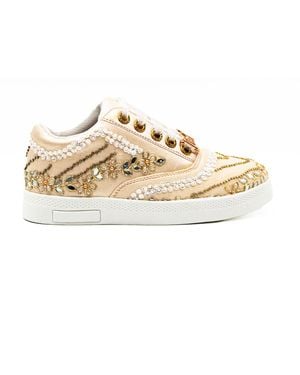 Rettrose Neutrals Caroline Luxury Buttermilk Satin Handmade Embellished Tennis Shoe - Natural