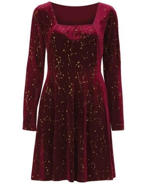 Yumi' Burgundy Star Foil Print Long Sleeve Skater Dress - Red