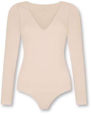 Not Basics Neutrals Organic Cotton Long Sleeve V-Neck Bodysuit, Oat - Natural