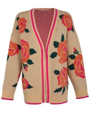 Saachi Flower Print Cream Cardigan - Red