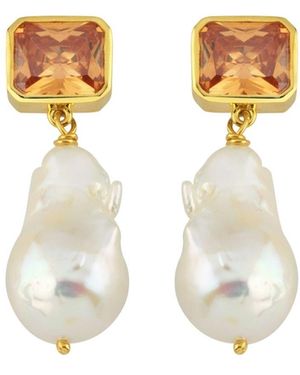 LINYA JEWELLERY Champagne Crystal Stone Baroque Pearl Dangle Earrings - Metallic