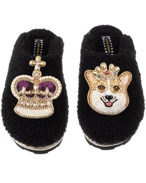 Laines London Teddy Towelling Closed Toe Slippers With Sandy The Corgi & Royal Crown Brooches - Black