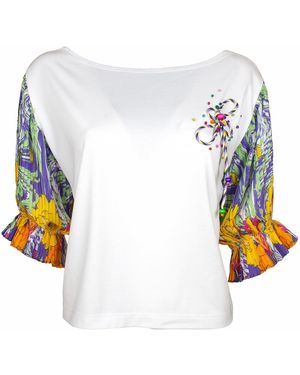 Lalipop Design White Blouse With Pleated Sleeves & Embroidery Details - Blue