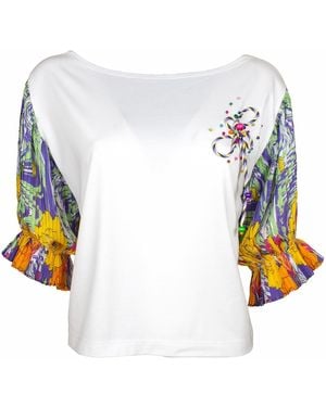 Lalipop Design White Blouse With Pleated Sleeves & Embroidery Details - Blue