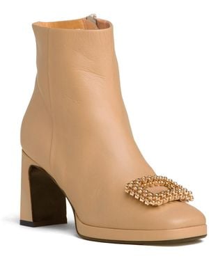 Beautiisoles by Robyn Shreiber Made in Italy Neutrals Scarlet Leather Bootie With Rhinestones Comfortable & Dressy For Evening - Brown