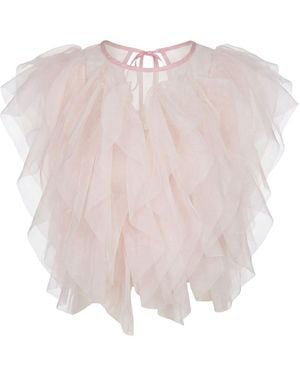 Modenaire Sheer Tulle Blouse With Cascading Ruffles - Pink