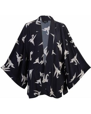 Artemis Muse Neutrals Japanese Origami Bird Print & Ivory Short Light Weight Kimono - Blue