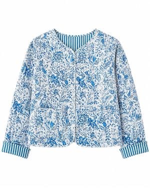 Yumi' Boho Floral Print Cropped Reversible Cotton Quilted Jacket - Blue