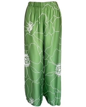 Haris Cotton Printed Satin Pants Peonies - Green