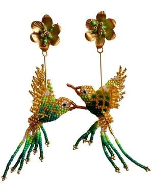 Iliana Arrazola Hummingbird Dangle Earrings, Glass Beads, Beaded Jewellery - Green