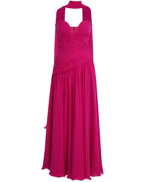 Alina Anwar Couture Strapless Sweetheart Pleated Fuchsia Chiffon Gown With A Thigh-High Slit And A Detachable Cape - Pink