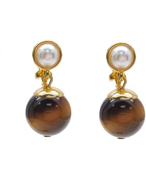 Farra Tiger Eye With Pearl Clip-On Earrings - Metallic
