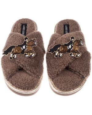Laines London Neutrals Neutral Boucle Slippers With Dressage Horse Brooches - Brown