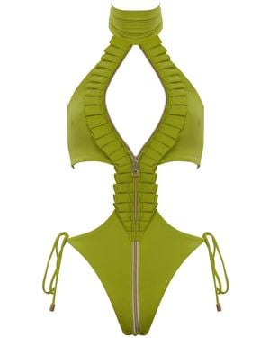 ANTONINIAS Ahmosy Cut-Out One-Piece Swimsuit With Ruffles And Adjustable Front Zipper - Green